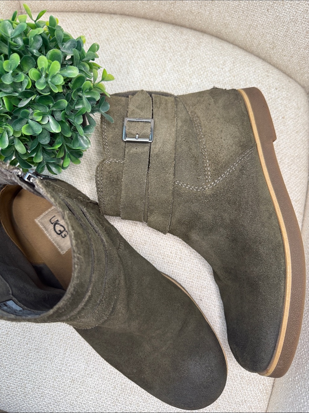 UGG Olive Green Suede Ankle Booties with Buckle Strap women’s 9.5